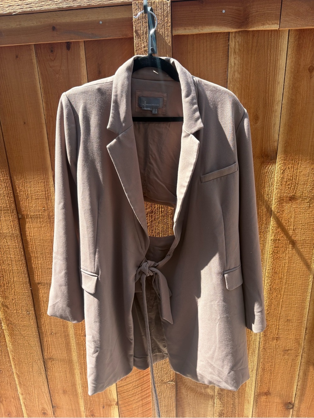 Anthropologie Cutout Back Tie Waist Long Blazer Jacket Taupe Size 8